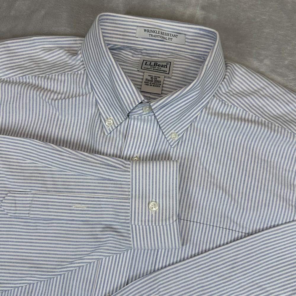 LL Bean Wrinkle Resistant Traditional Fit Dress Shirt 16-35 Blue Stripe Cotton